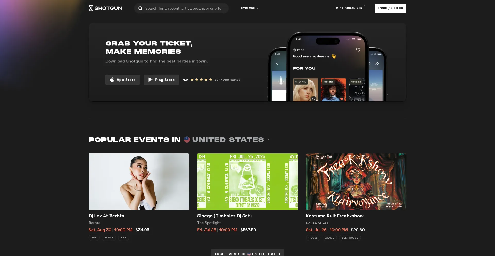 Website screenshot of Shotgun.live