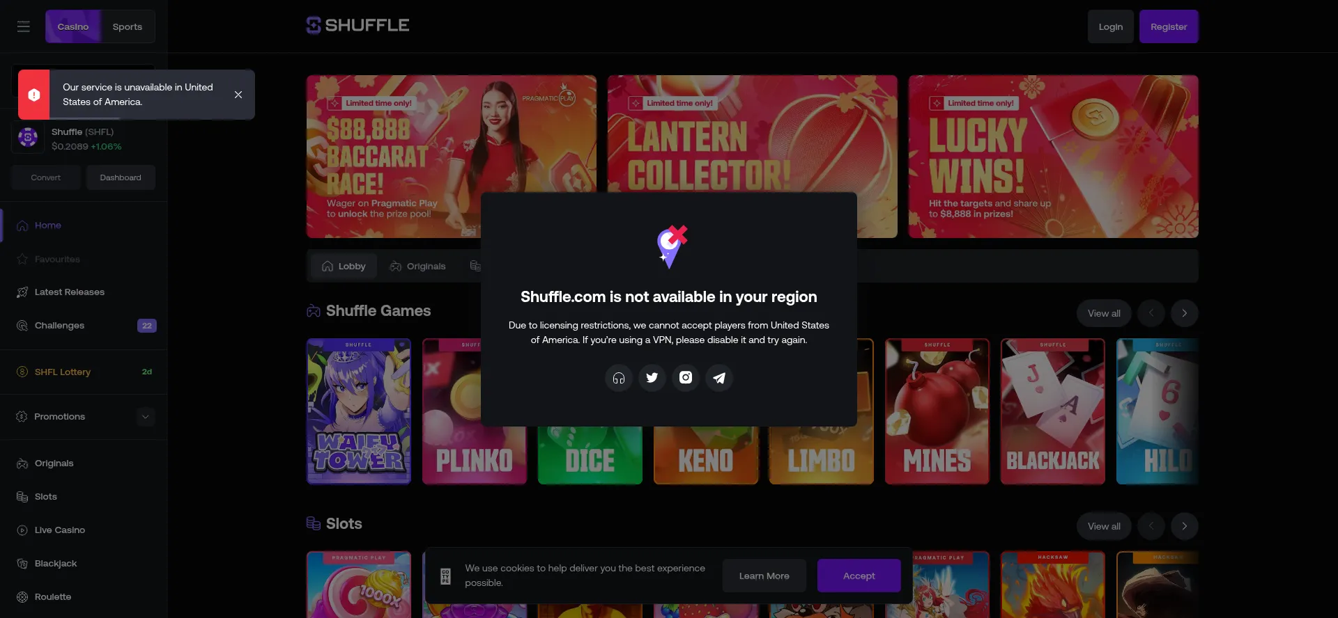 Website screenshot of Shuffle.com