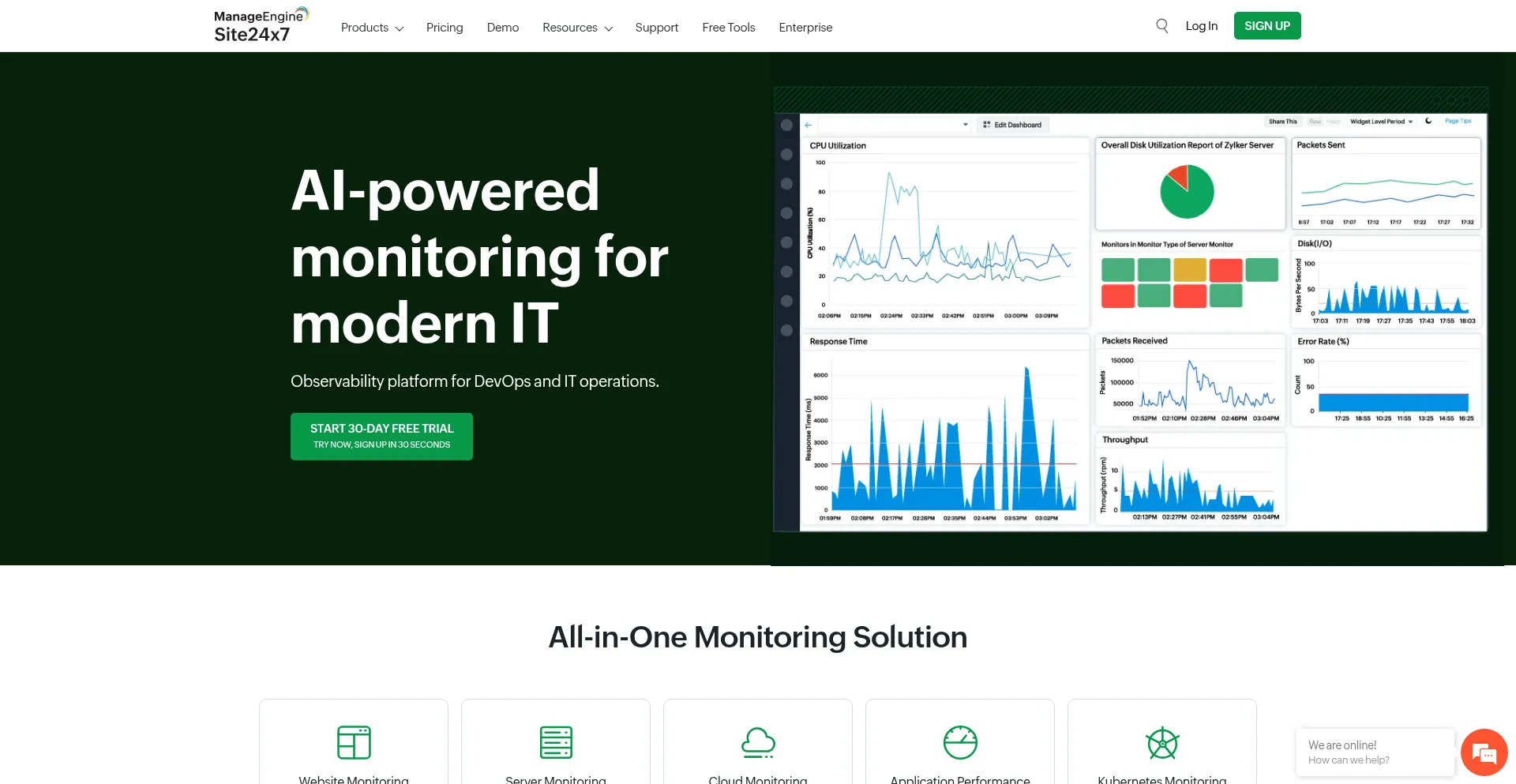 Website screenshot of Site24x7.com