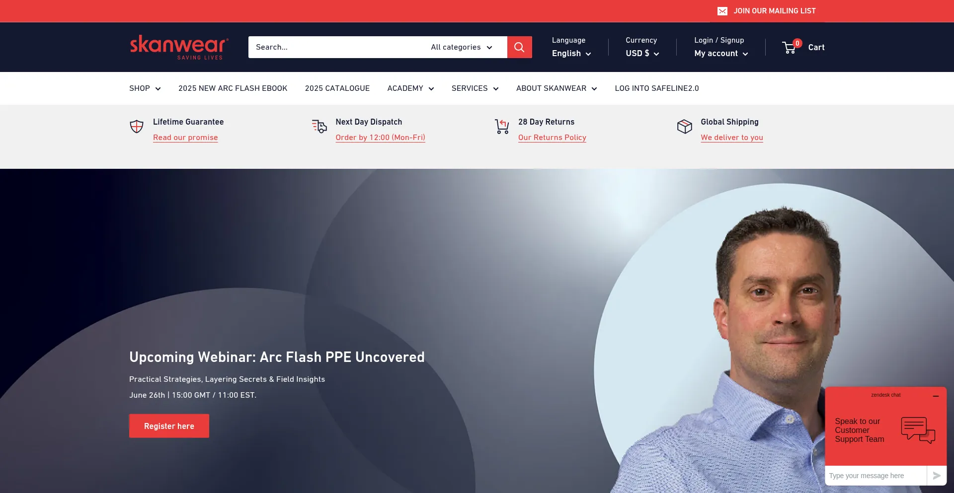 Website screenshot of Skanwear.com