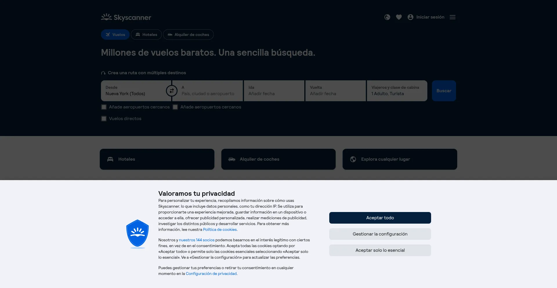 Website screenshot of Skyscanner.es