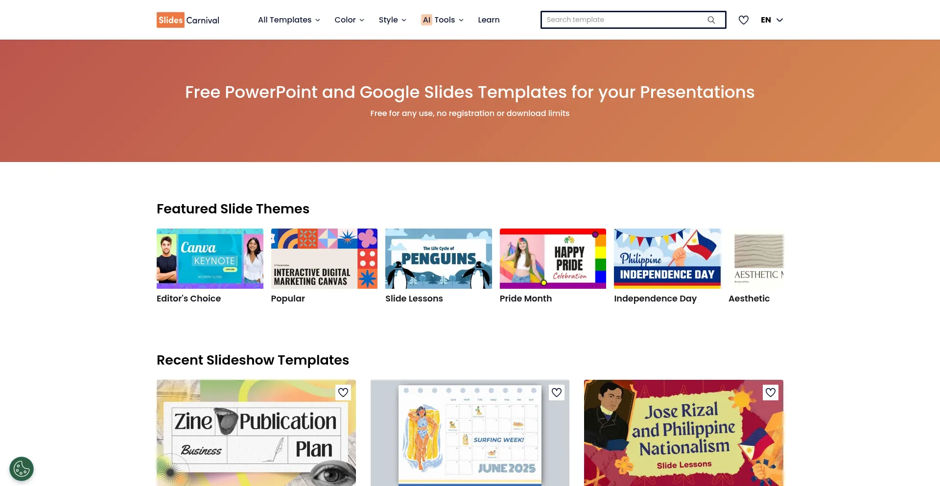 Website screenshot of Slidescarnival.com