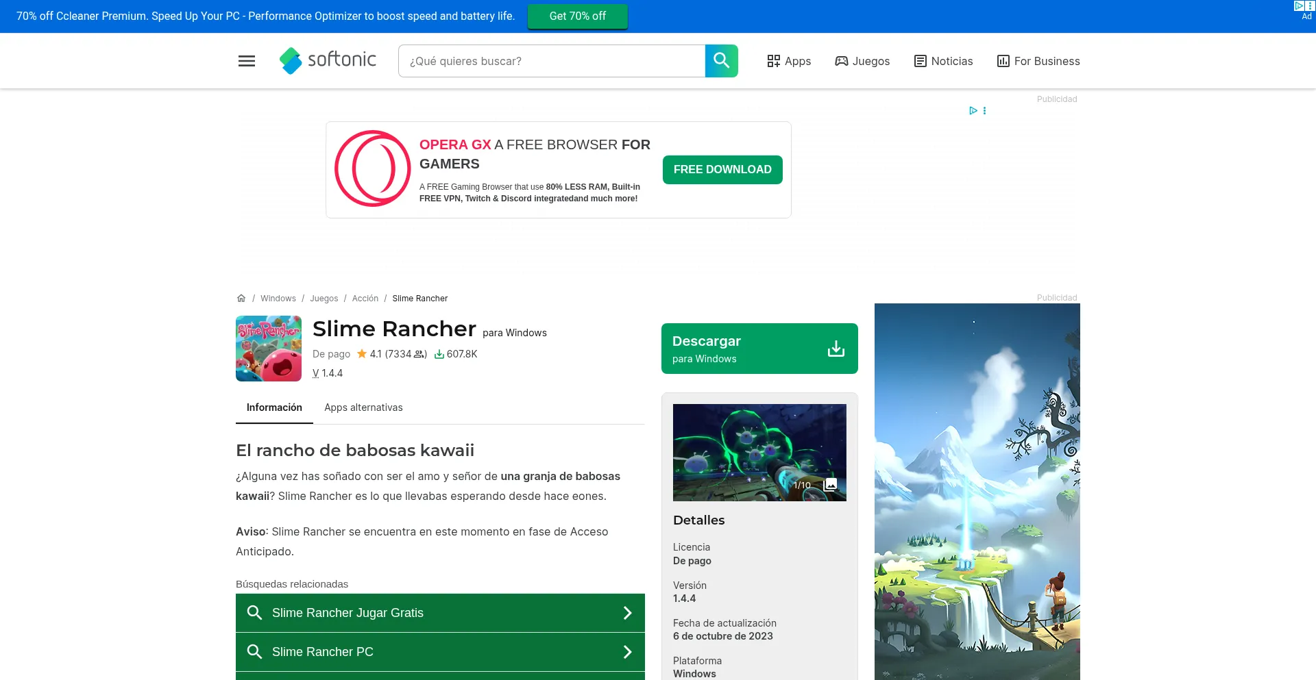 Website screenshot of Slime-rancher.softonic.com
