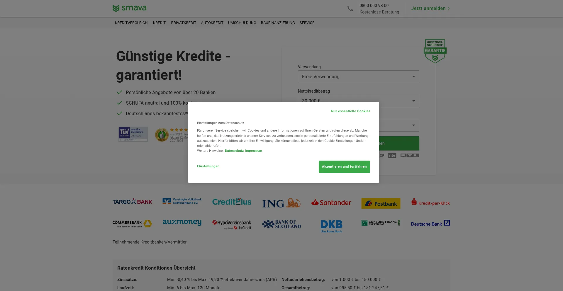 Website screenshot of Smava.de