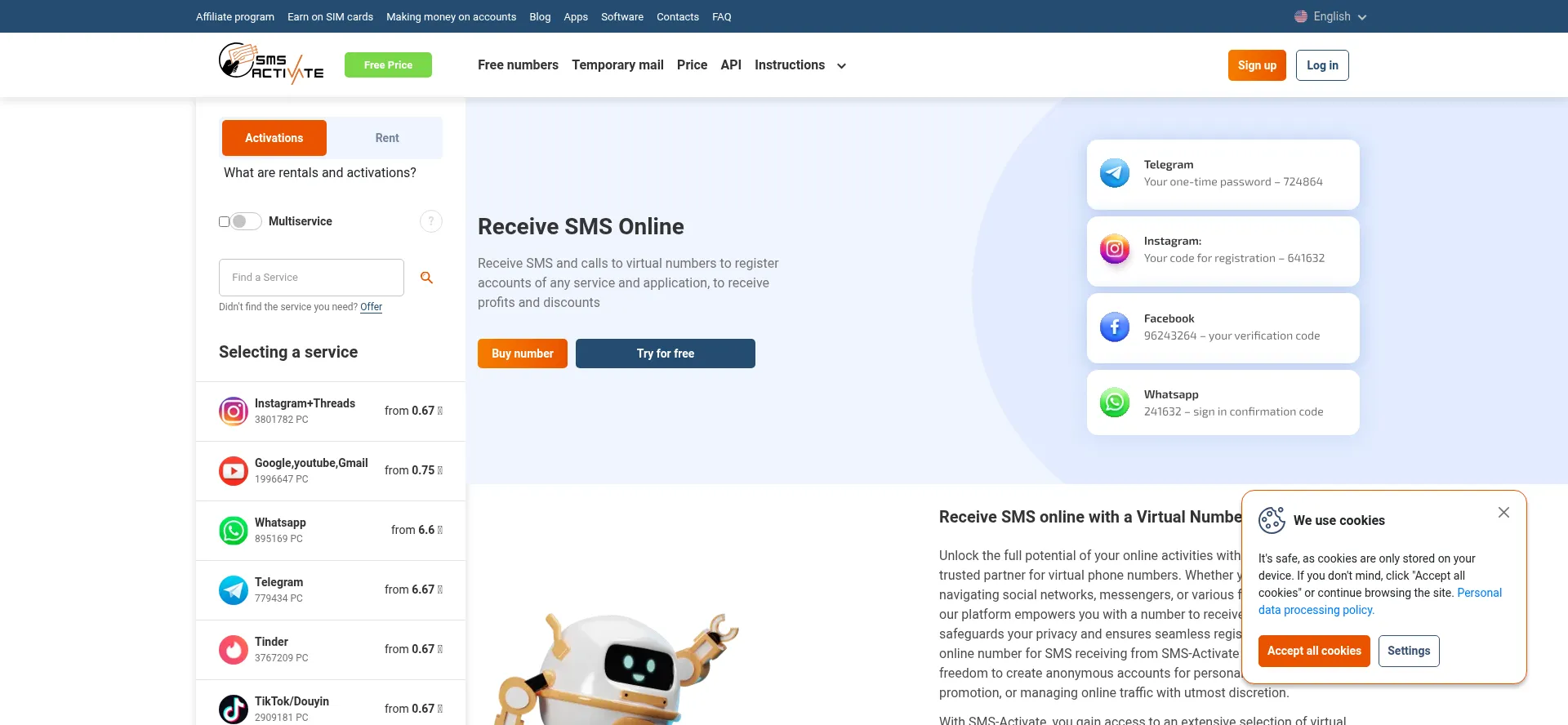 Website screenshot of Sms-activate.guru