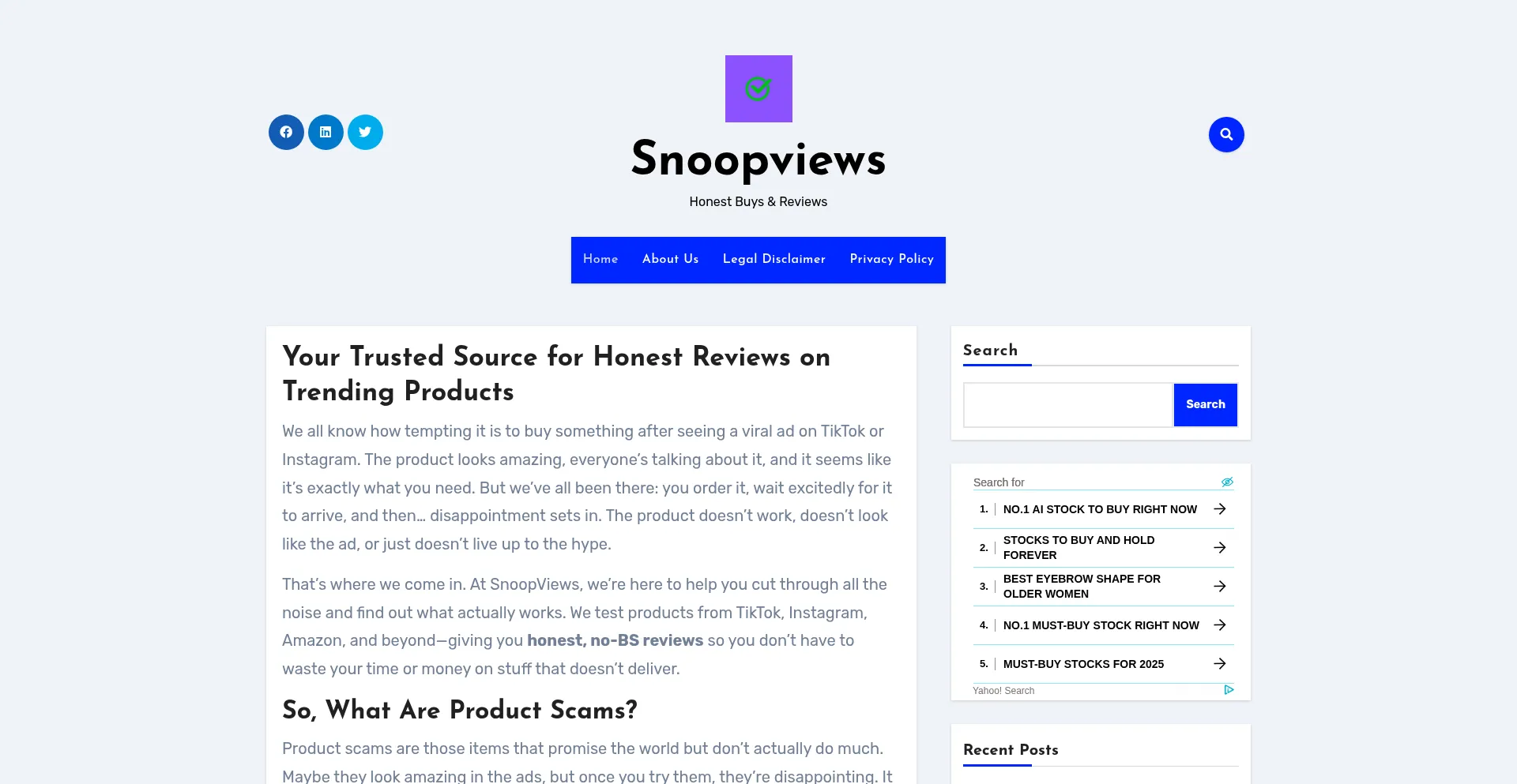 Website screenshot of Snoopviews.com