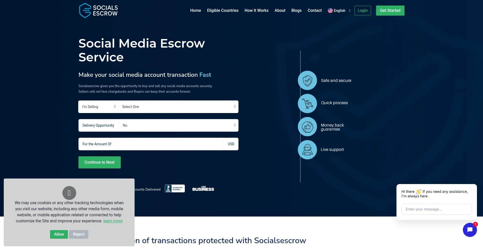 Website screenshot of Socialsescrow.com