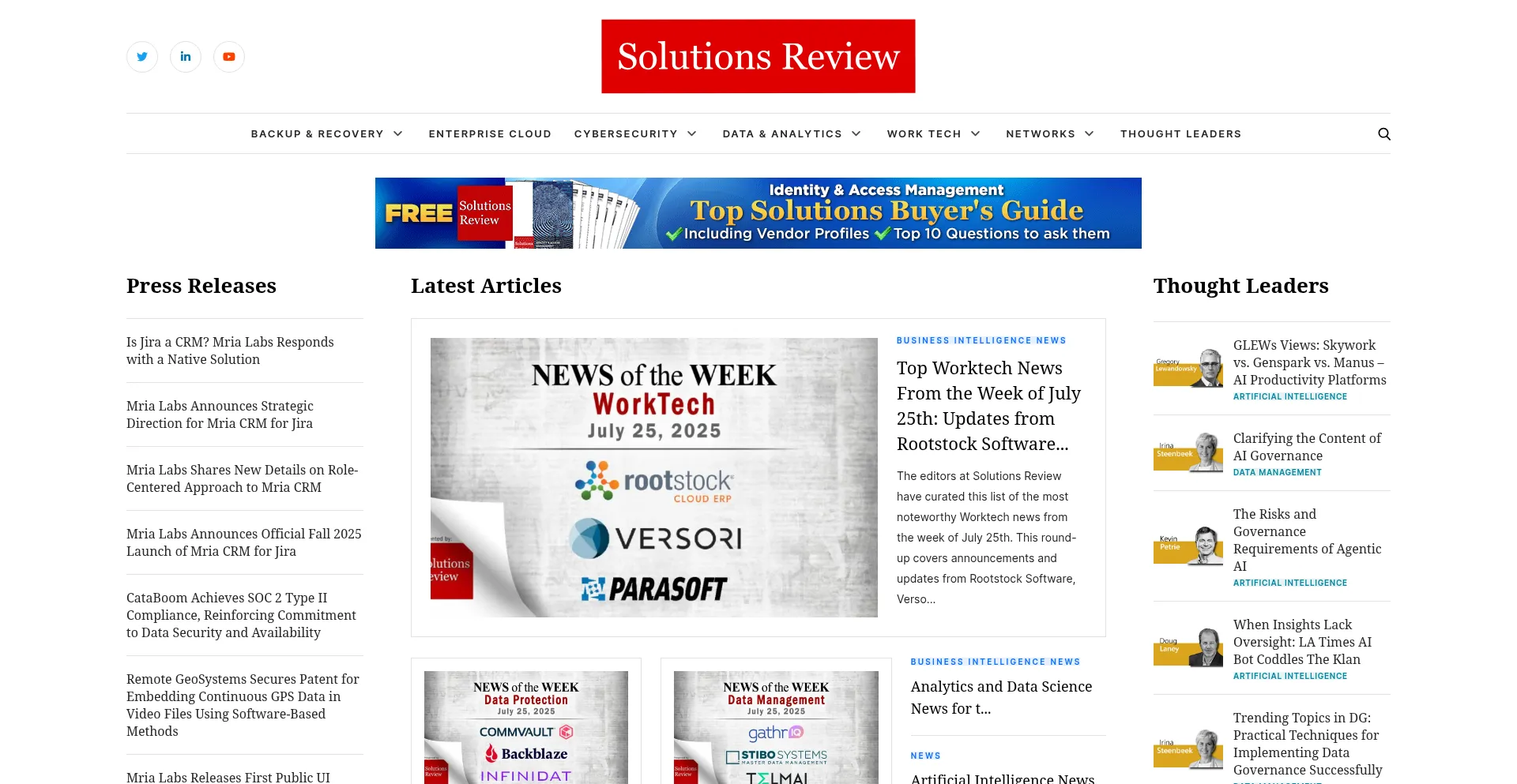 Website screenshot of Solutionsreview.com