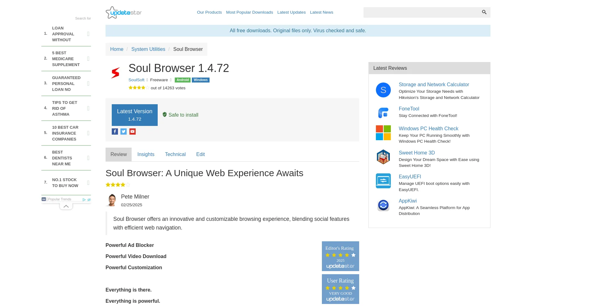Website screenshot of Soul-browser.updatestar.com