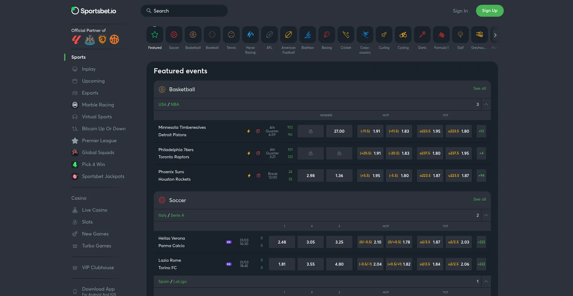 Website screenshot of Sportsbet.io
