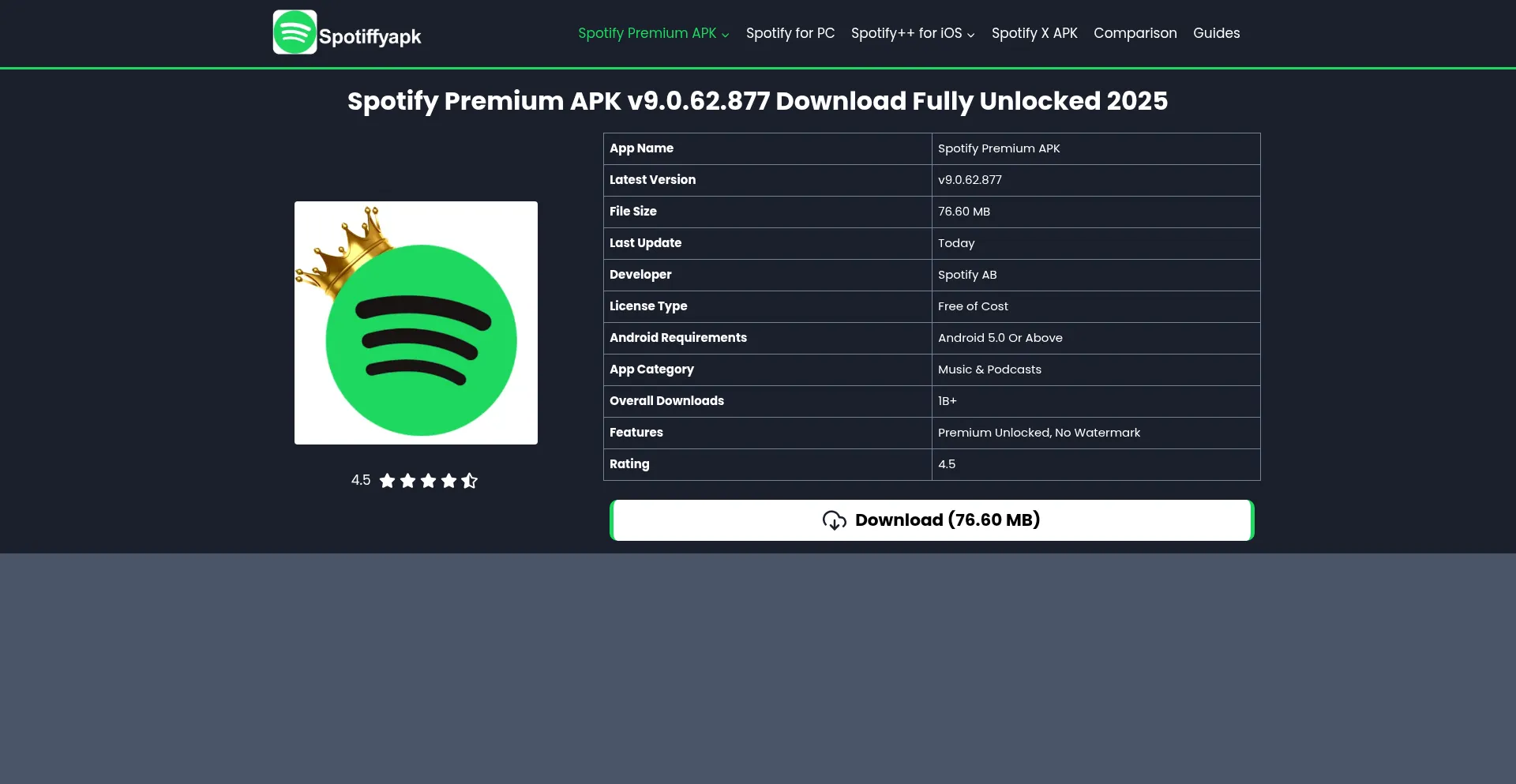 Website screenshot of Spotiffyapk.com