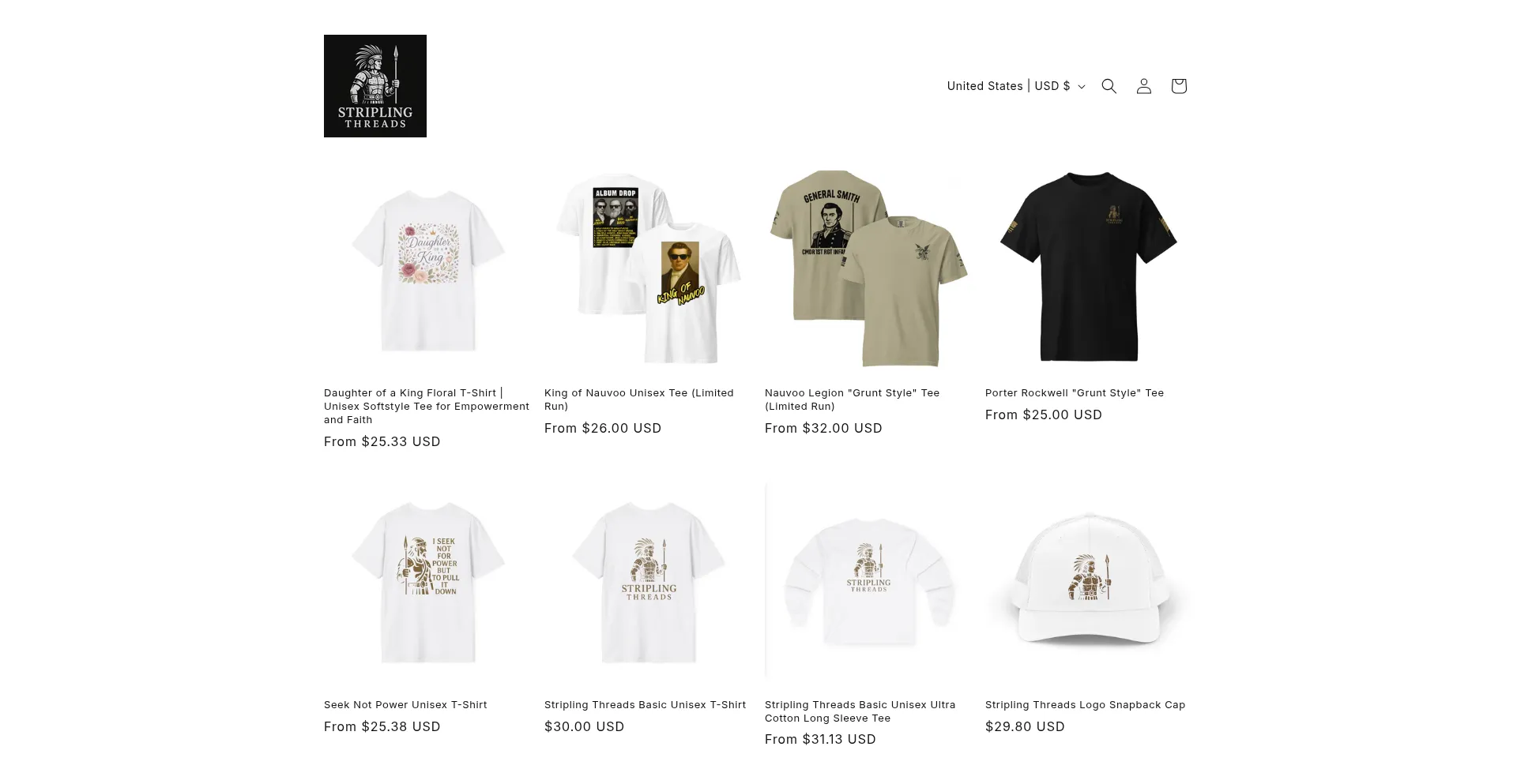 Website screenshot of Striplingthreads.com