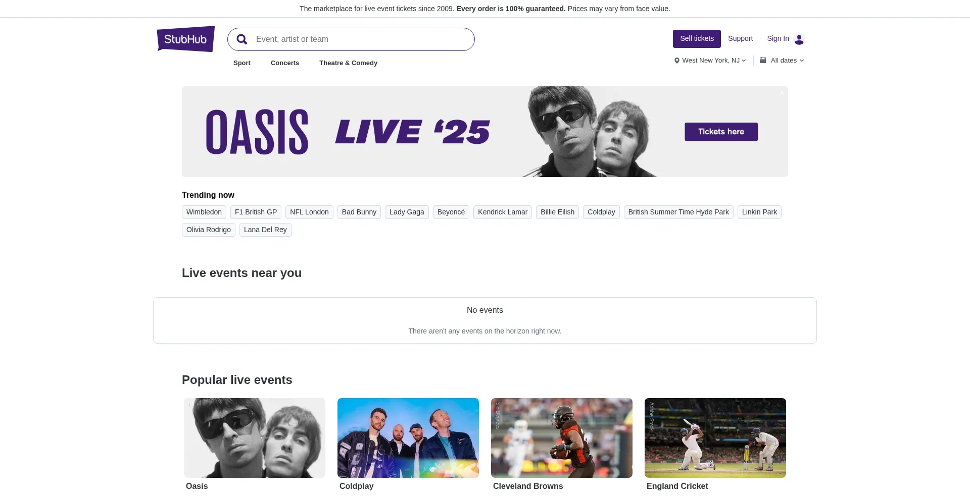 Website screenshot of Stubhub.co.uk
