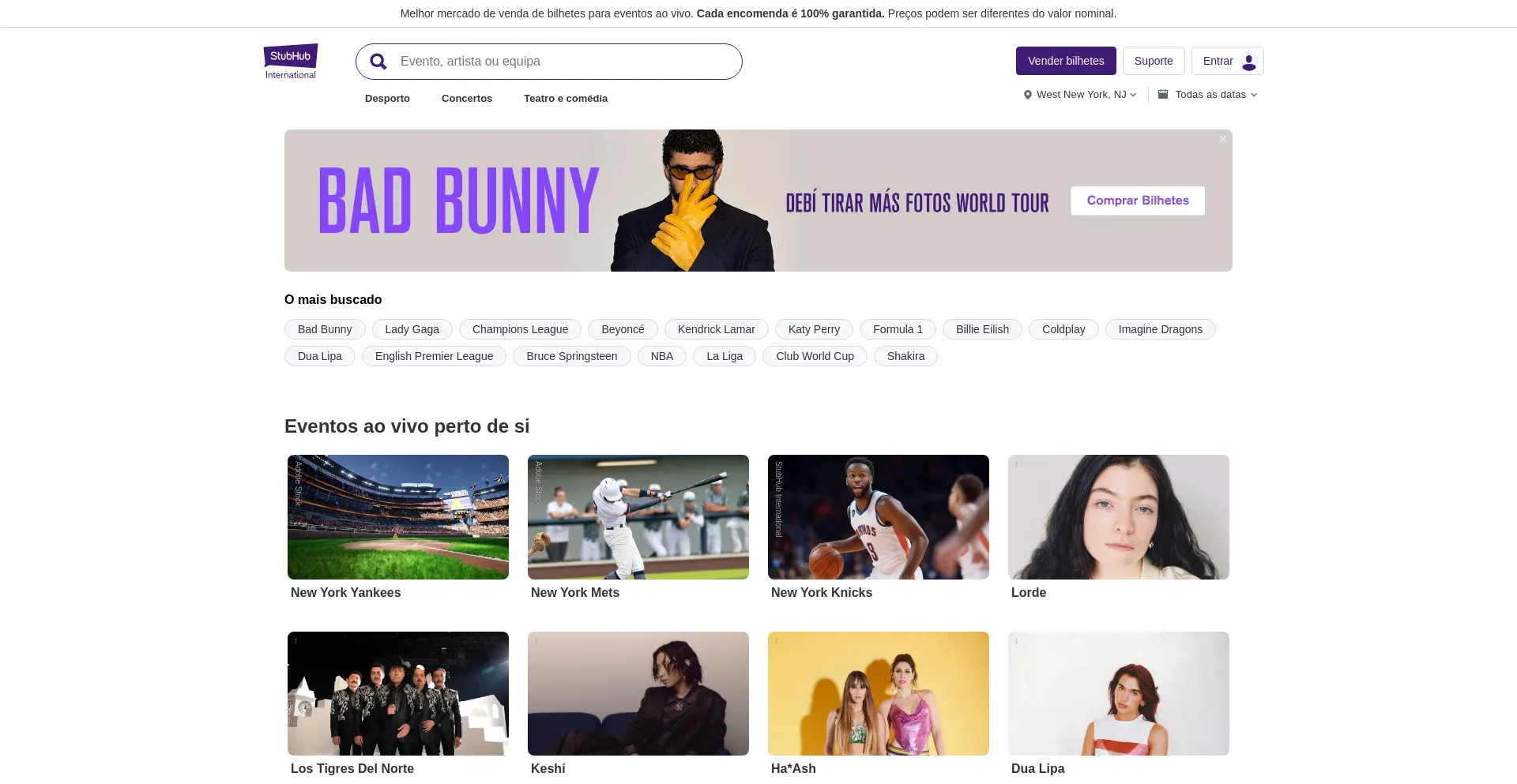 Website screenshot of Stubhub.pt