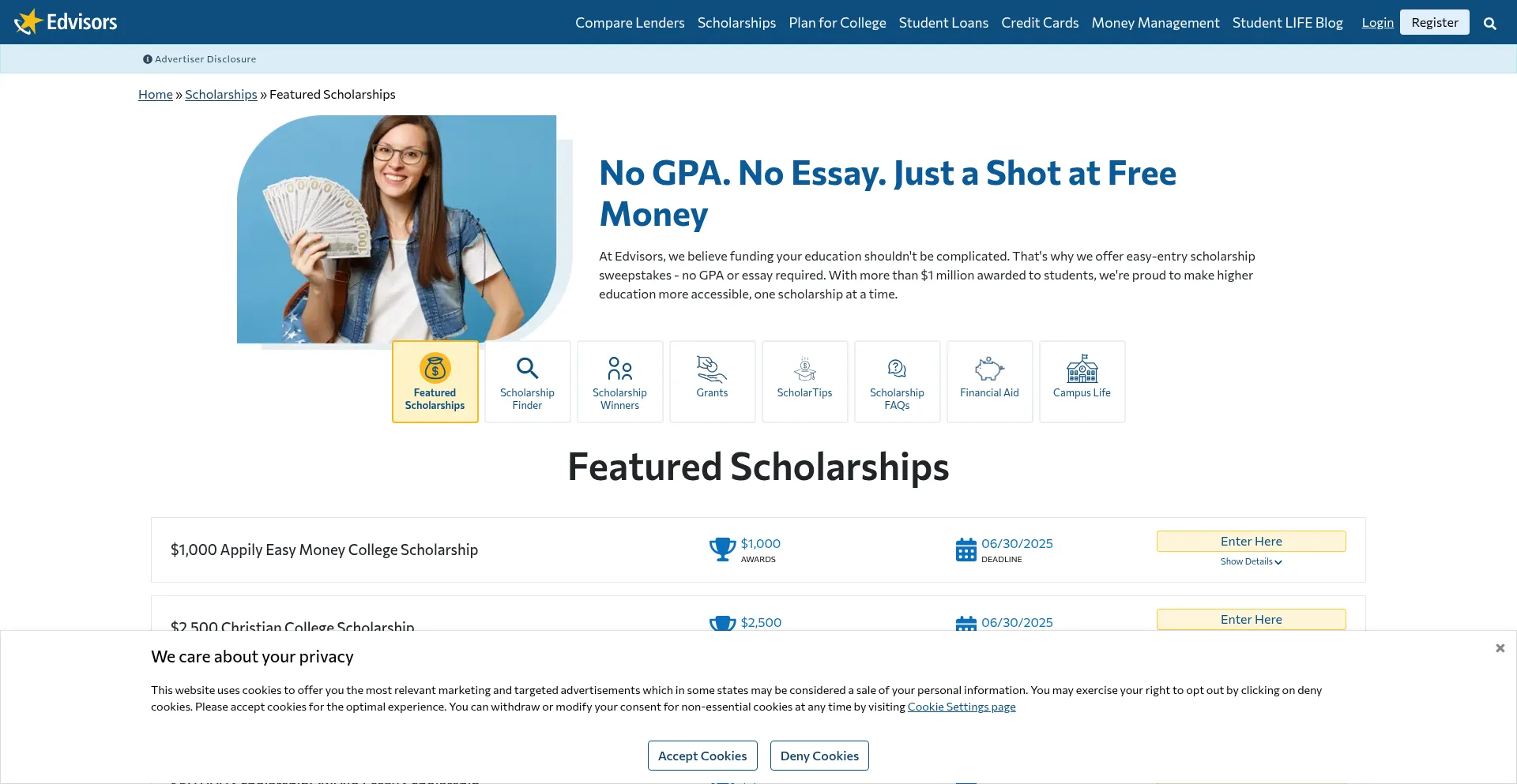 Website screenshot of Studentscholarshipsearch.com