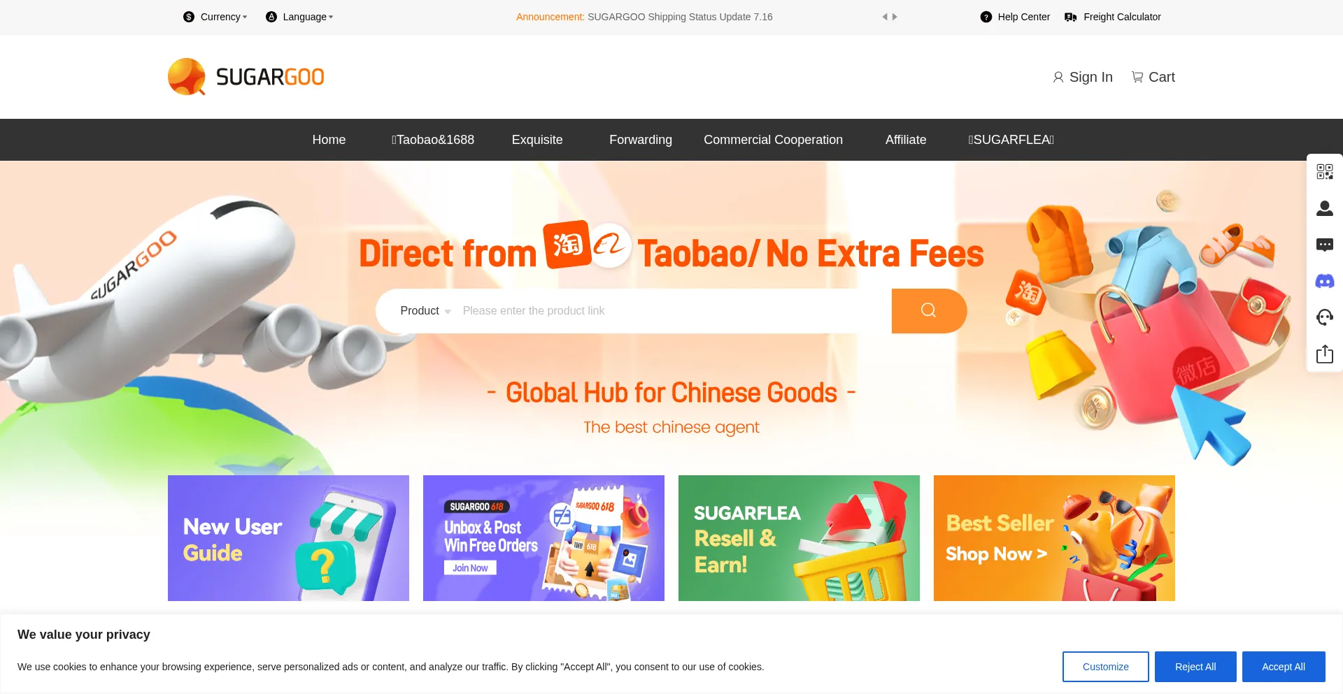 Website screenshot of Sugargoo.com