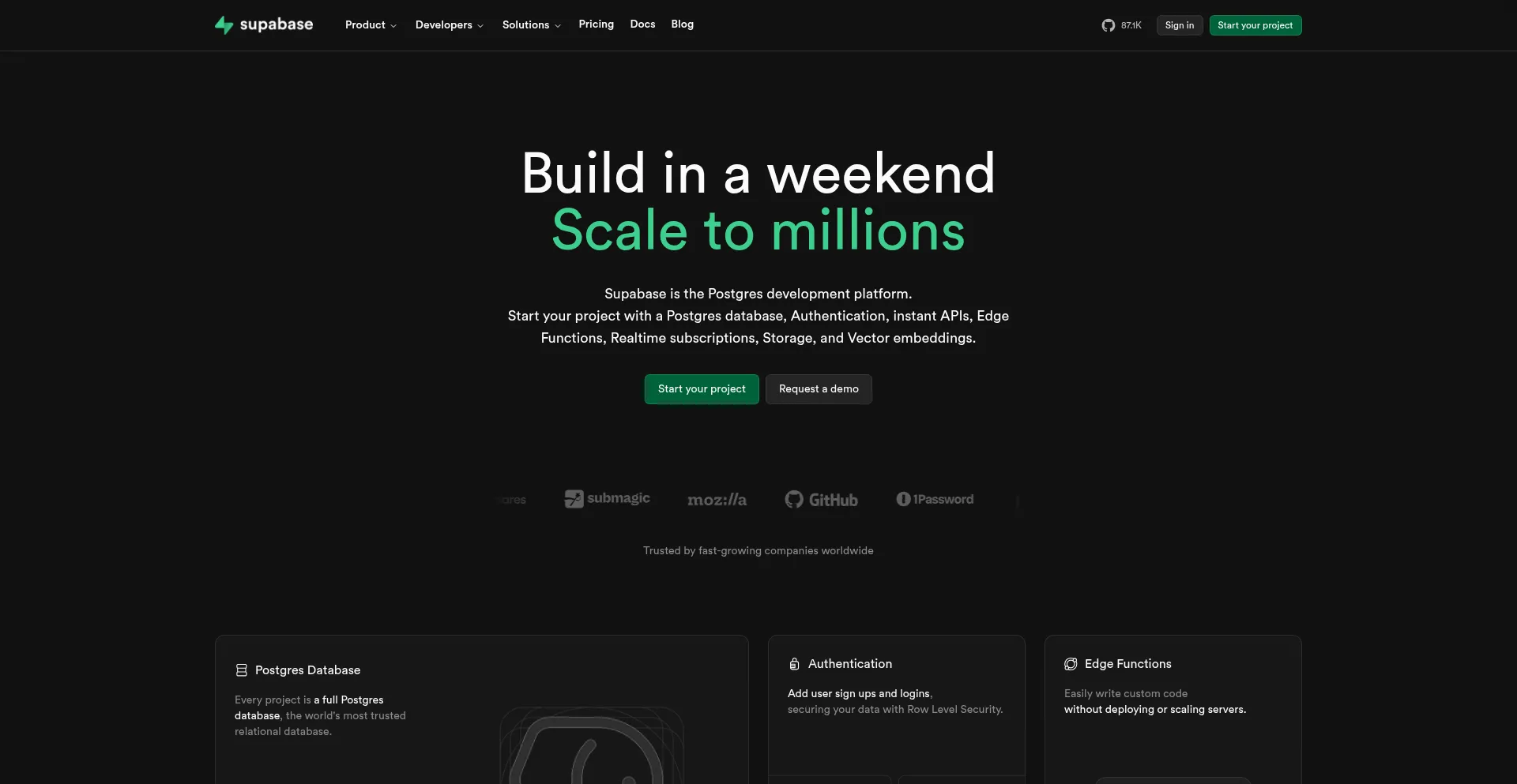 Website screenshot of Supabase.com