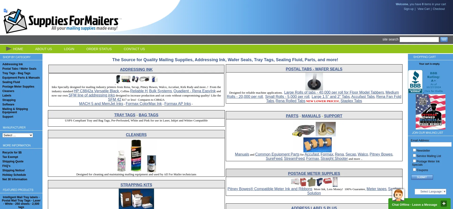Website screenshot of Suppliesformailers.com