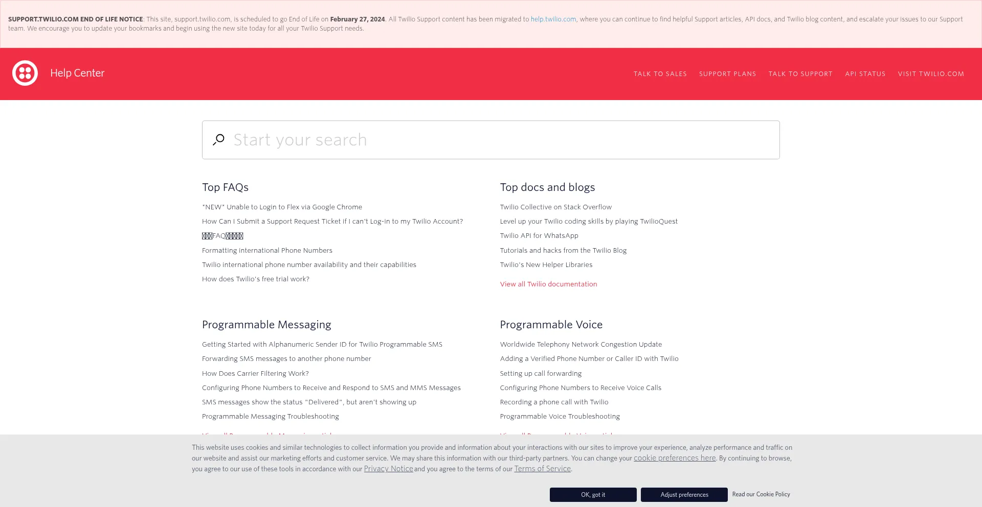 Website screenshot of Support.twilio.com
