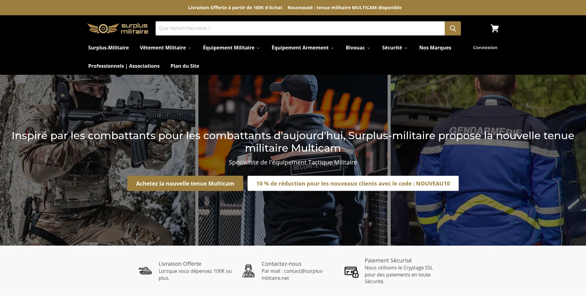 Website screenshot of Surplusmilitaires.fr