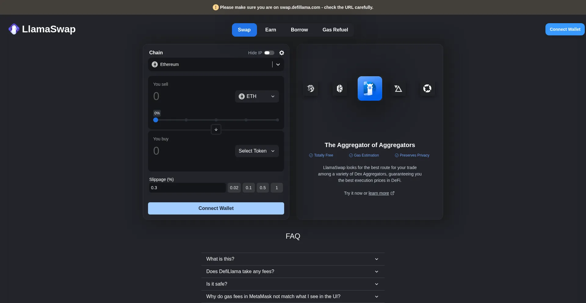 Website screenshot of Swap.defillama.com