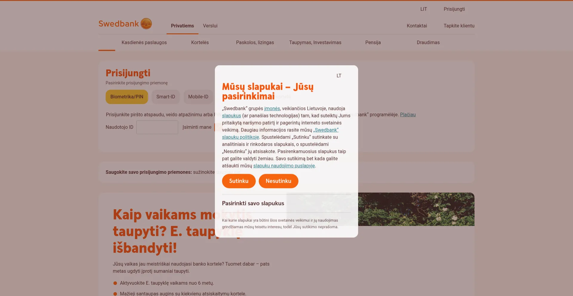 Website screenshot of Swedbank.lt