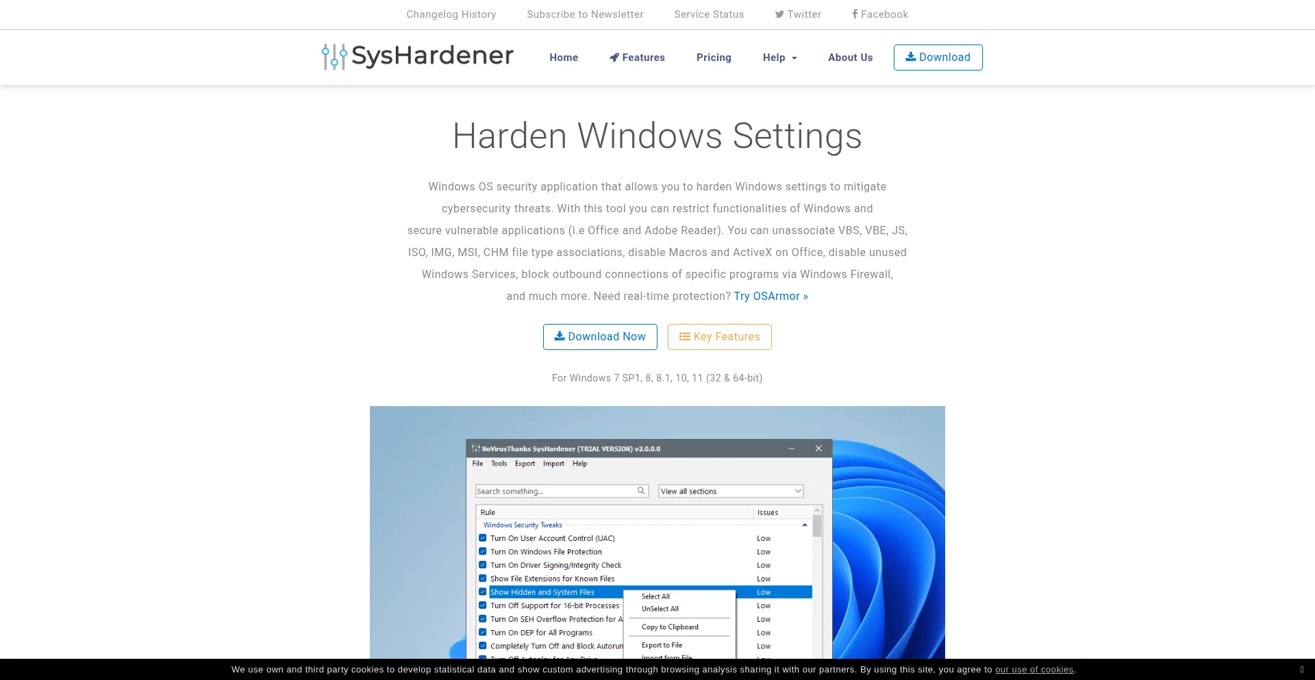 Website screenshot of Syshardener.com