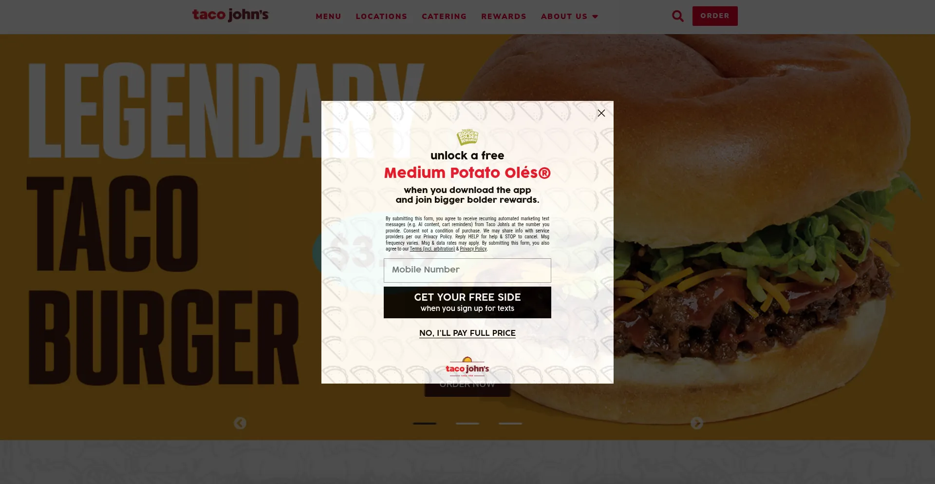 Website screenshot of Tacojohns.com