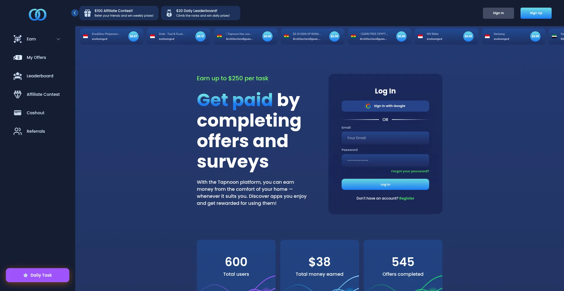 Website screenshot of Tapnoon.com