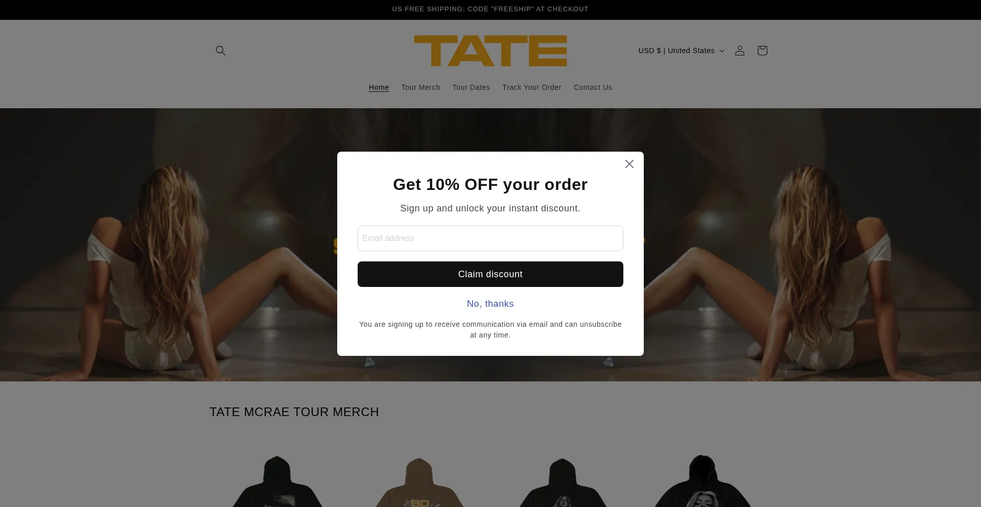 Website screenshot of Tatemcraetourmerch.com