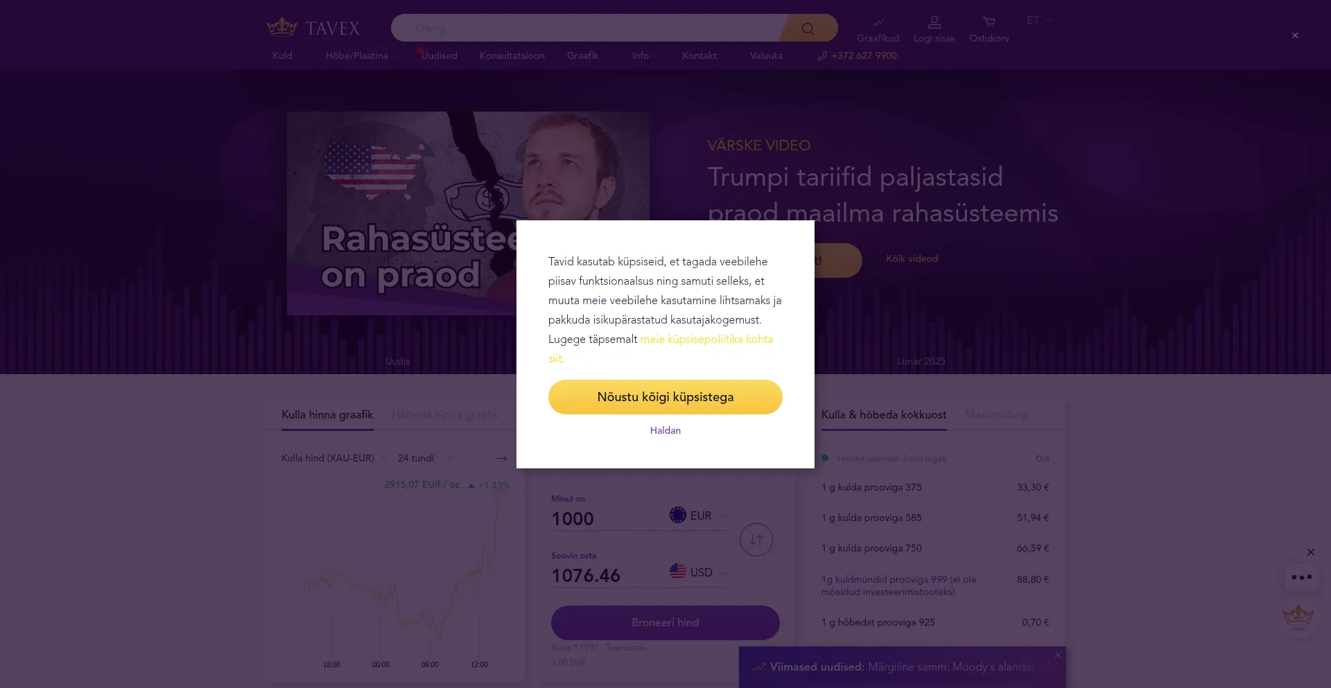 Website screenshot of Tavex.ee
