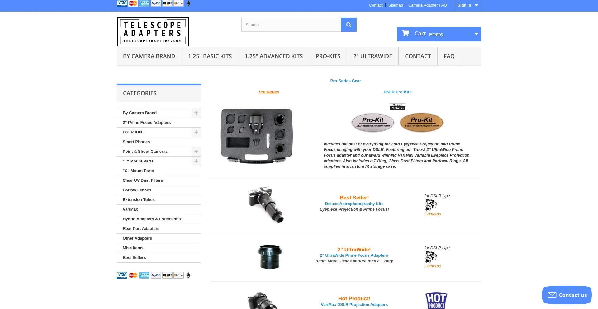 Website screenshot of Telescopeadapters.com