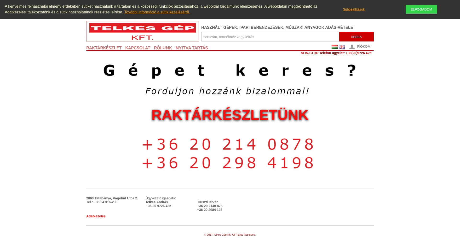 Website screenshot of Telkesgep.hu