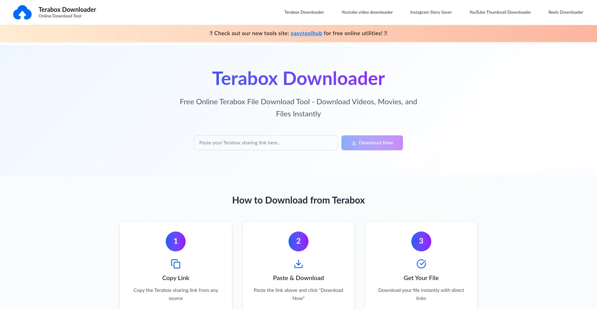 Website screenshot of Teraboxdownloader.fun