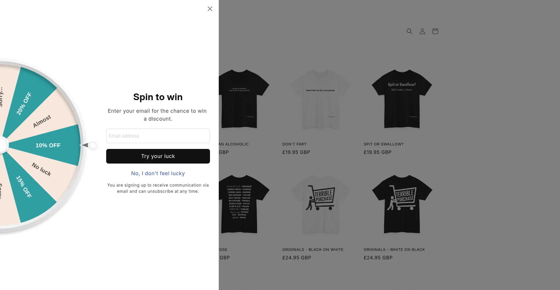 Website screenshot of Terriblepurchase.com