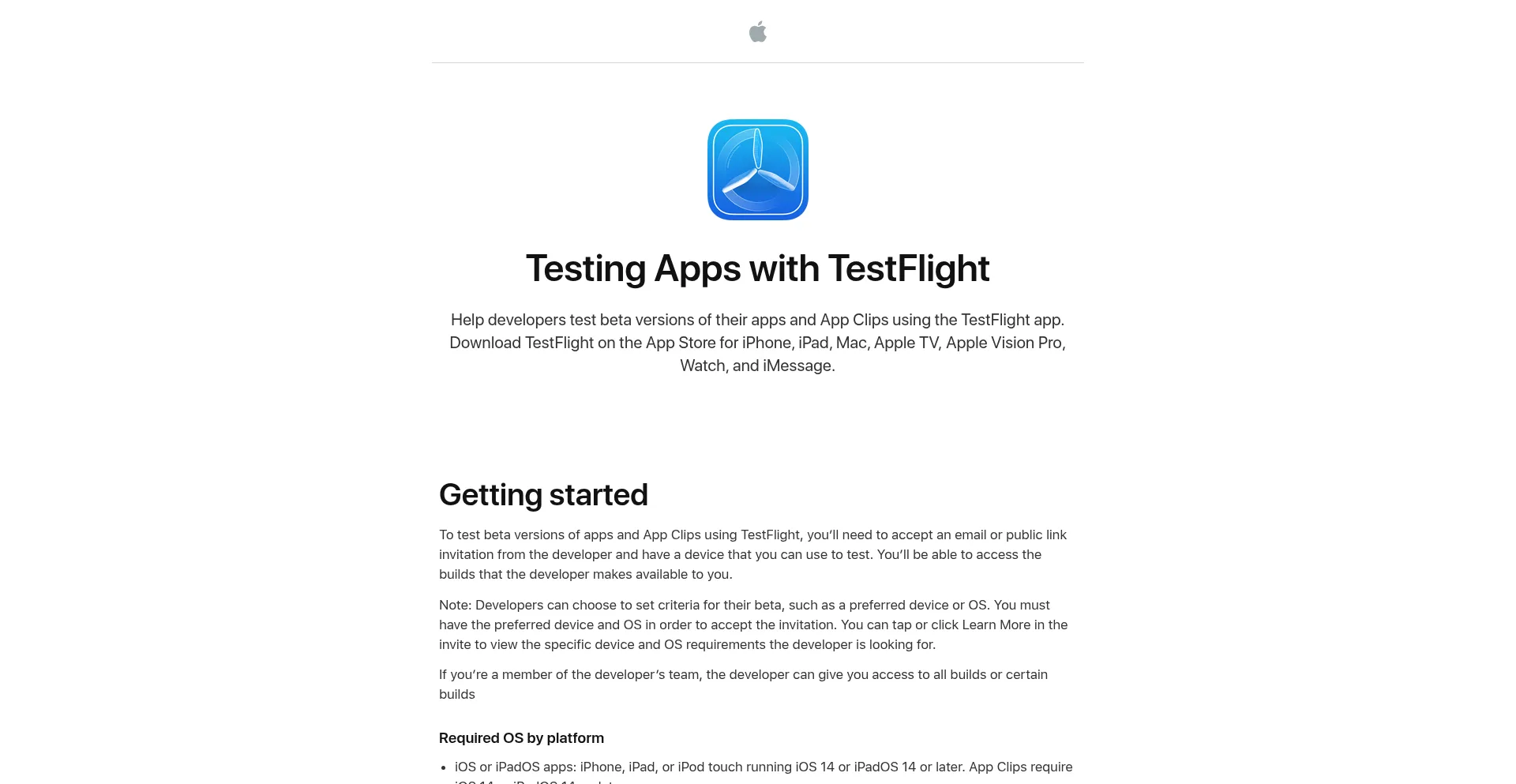 Website screenshot of Testflight.apple.com