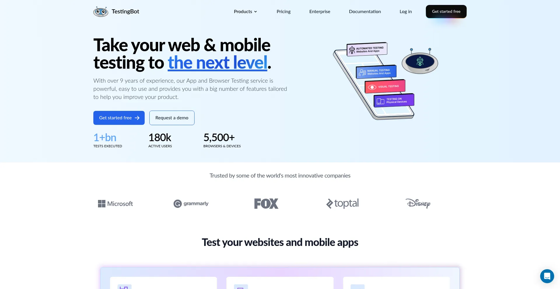 Website screenshot of Testingbot.com