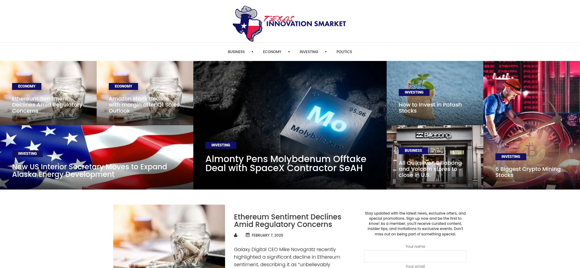 Website screenshot of Texasinnovationsmarket.com