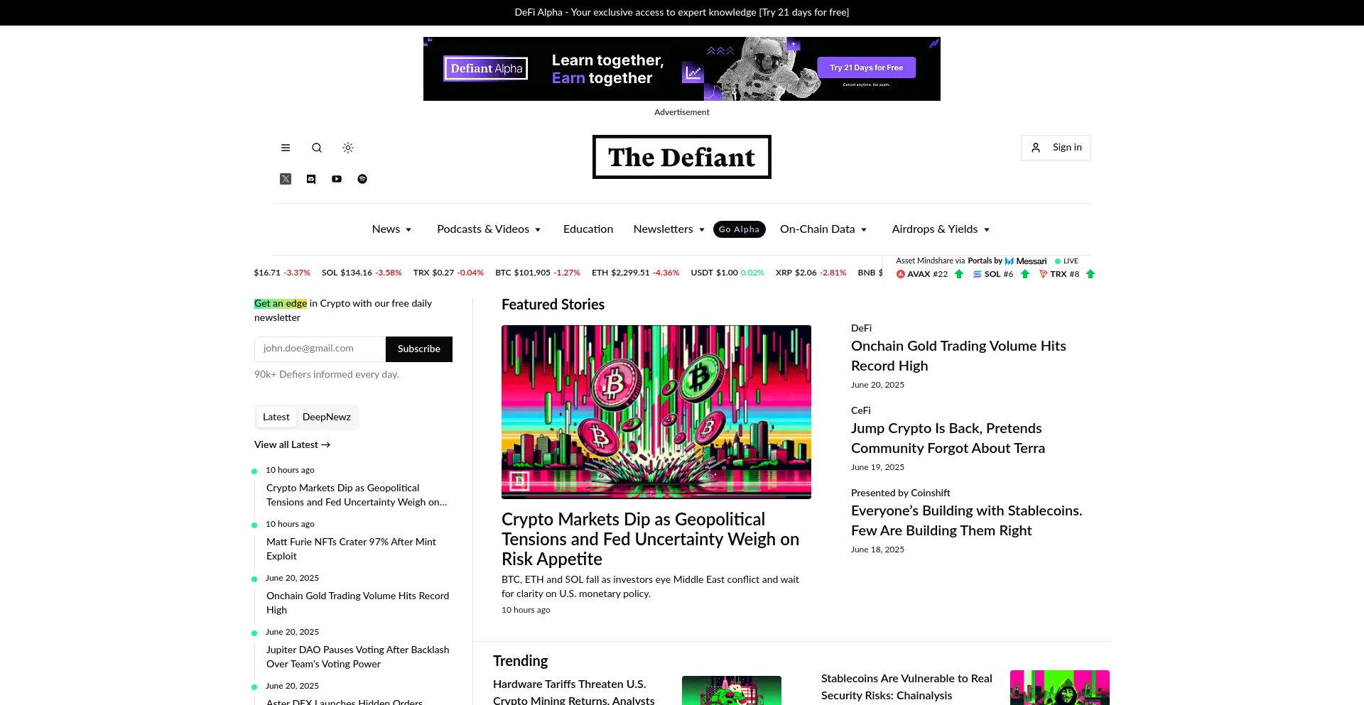 Website screenshot of Thedefiant.org