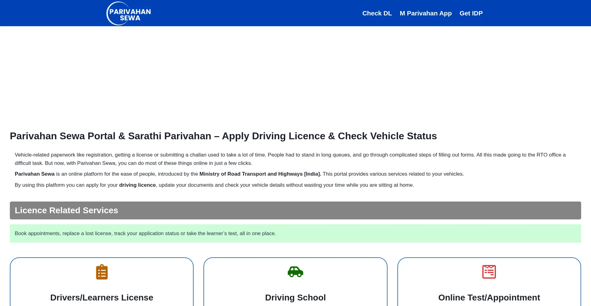 Website screenshot of Theparivahansewa.com