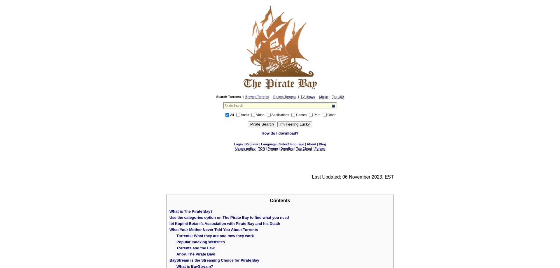 Website screenshot of Thepirate-bay.org