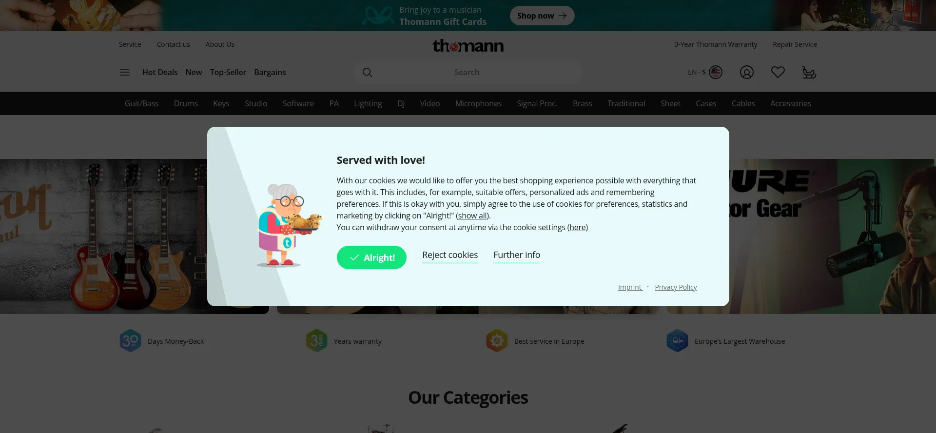 Website screenshot of Thomann.de