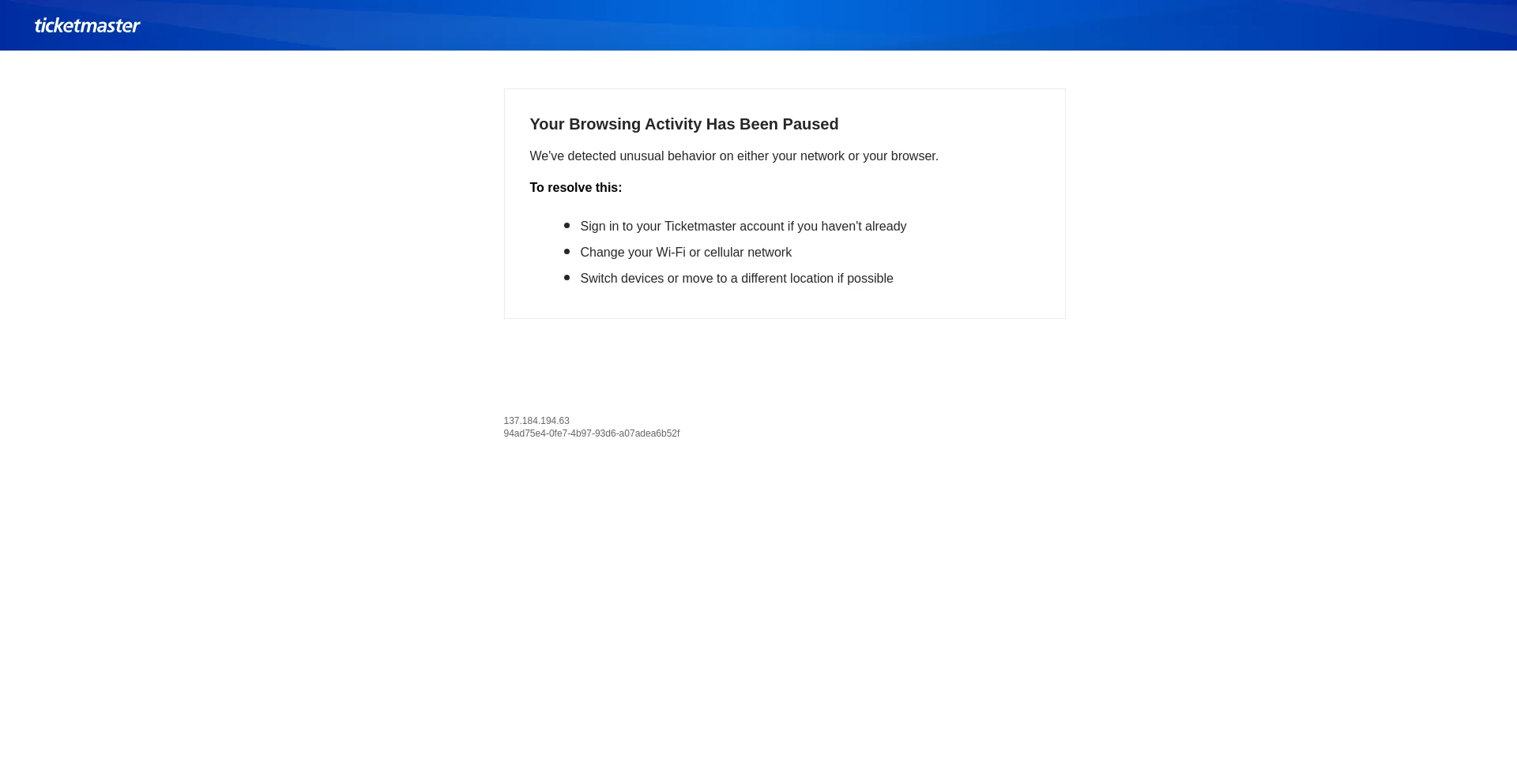 Website screenshot of Ticketmaster.com