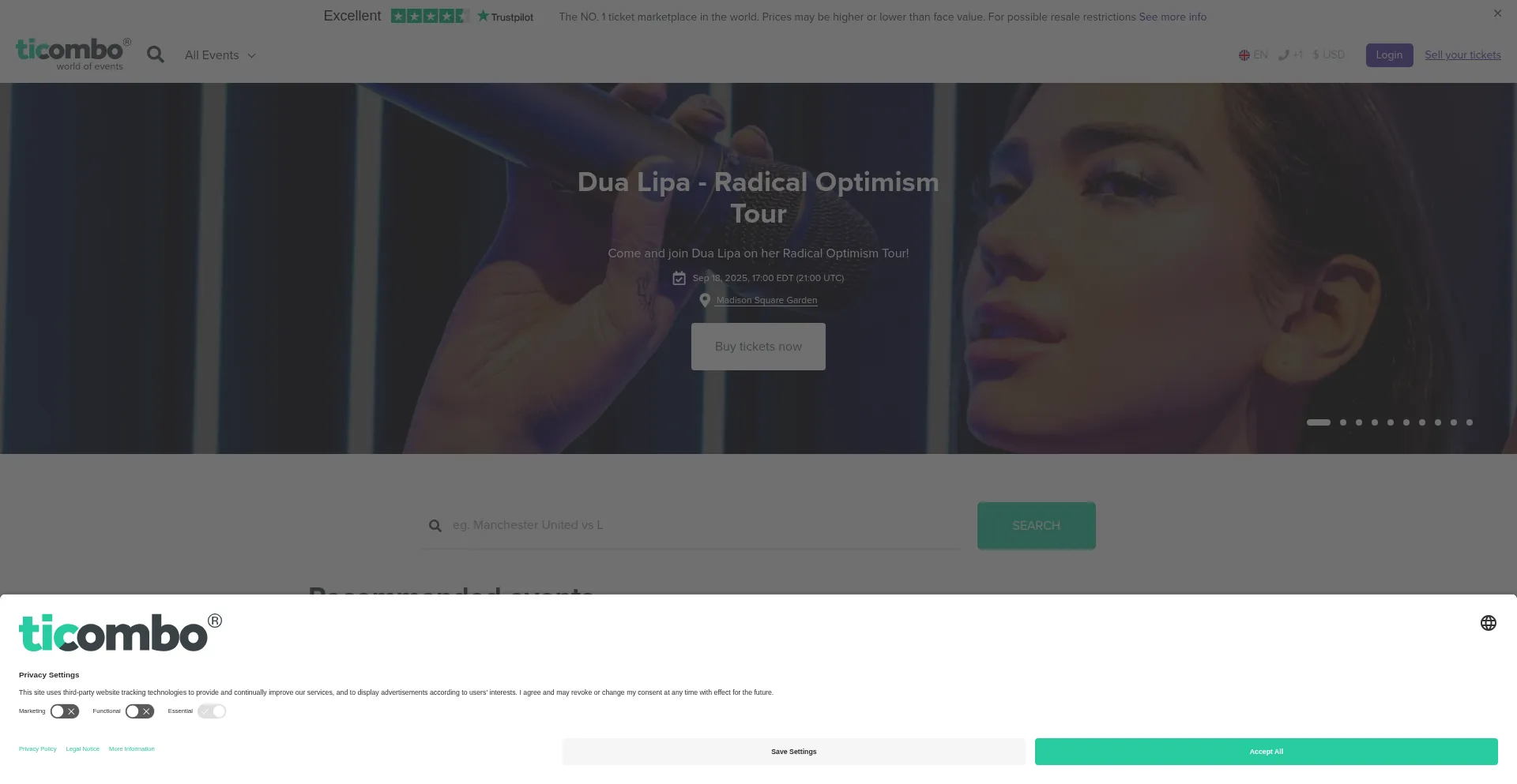Website screenshot of Ticombo.com