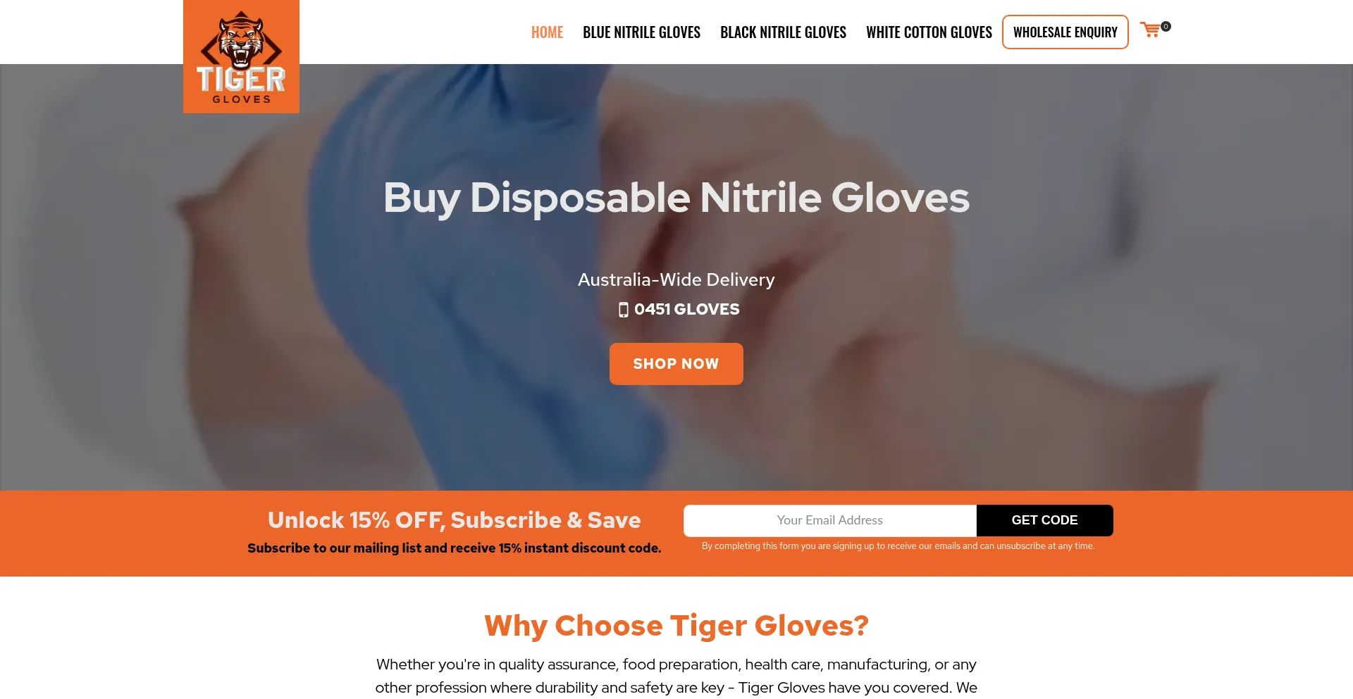 Website screenshot of Tigergloves.com.au
