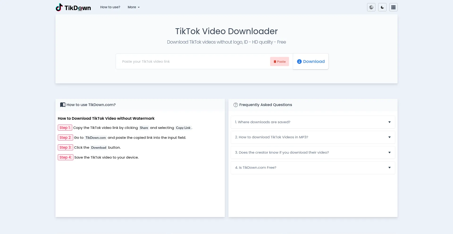 Website screenshot of Tikdown.com