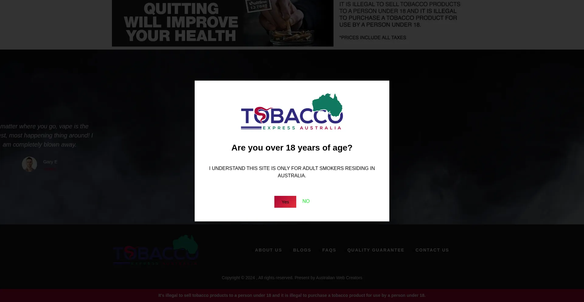 Website screenshot of Tobaccoexpressaustralia.com