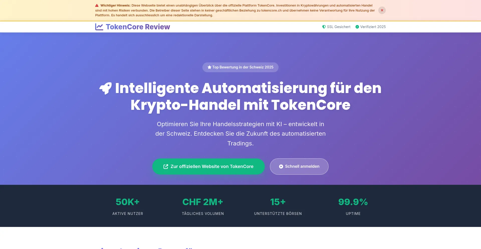Website screenshot of Tokencore.info