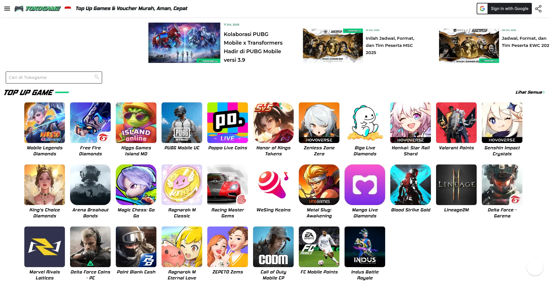 Website screenshot of Tokogame.com