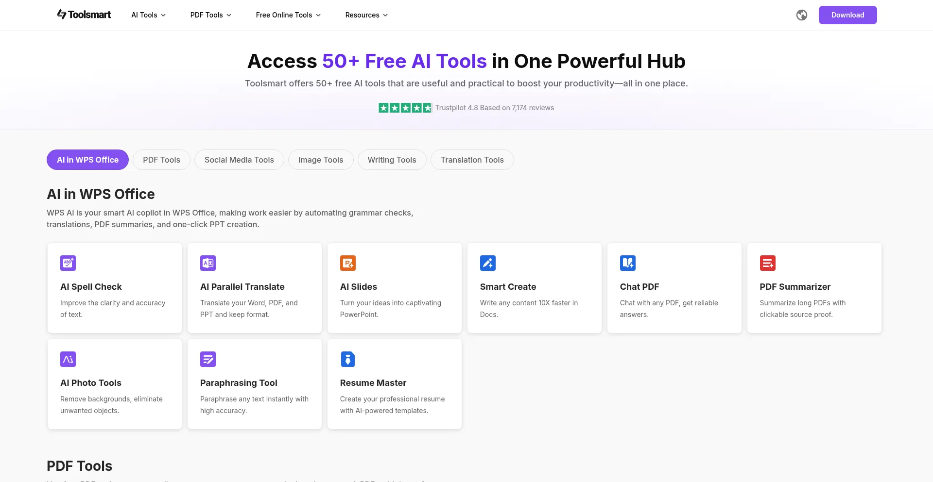 Website screenshot of Toolsmart.ai
